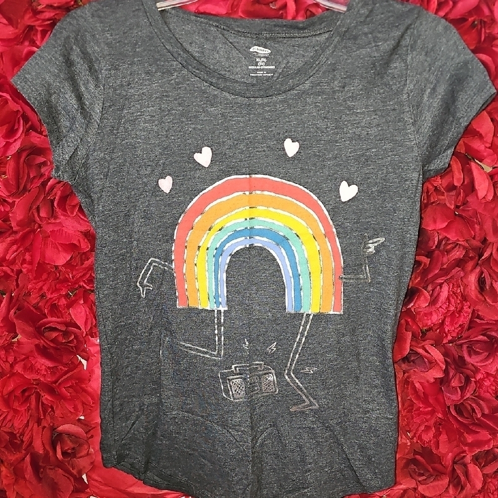 Old Navy Girls Gray Short Sleeve Tee with Rainbow Design Size Xlarge